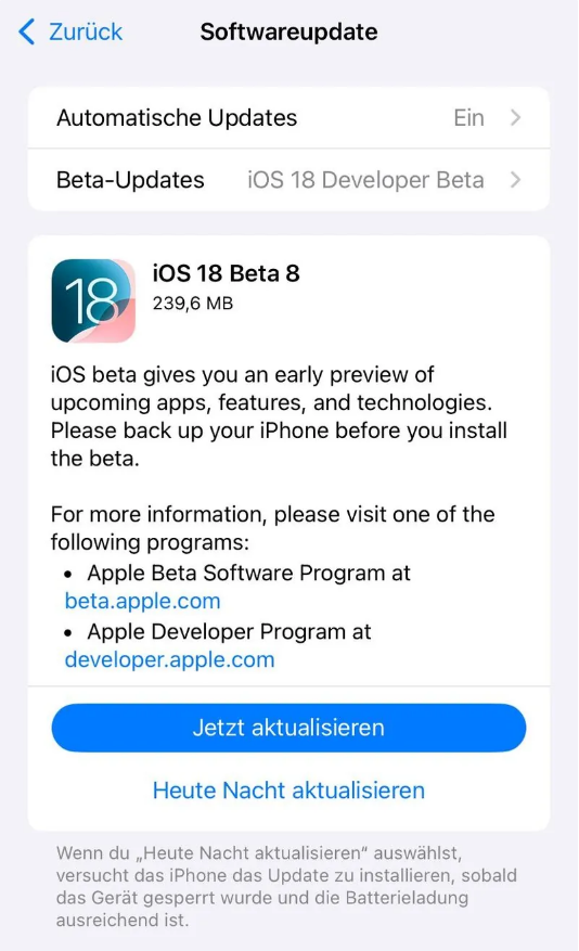 双台子苹果手机维修分享苹果 iOS / iPadOS 18 开发者预览版 Beta 8 发布 
